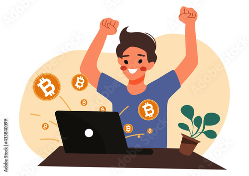 Happy character man invest trading on laptop with golden bitcoin cryptocurrency, cute, cartoon, flat, vector, illustration,