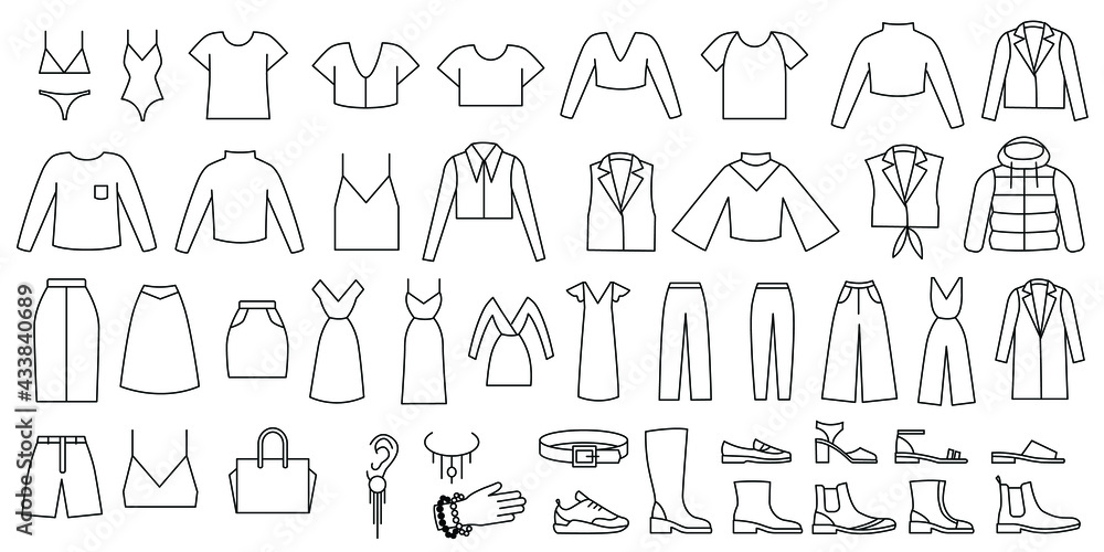 Vetor de Set of vector icons with clothes. Women apparel. Line icons for  app and website. Black linear fashion collection do Stock