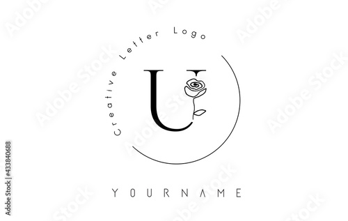 Creative initial letter U logo with lettering circle and hand drawn rose. Floral element and elegant letter U. Vector illustration for natural, eco, jewelry, fashion, personal or corporate branding.