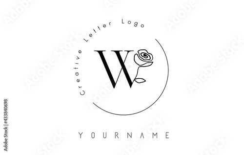 Creative initial letter W logo with lettering circle and hand drawn rose. Floral element and elegant letter W. Vector illustration for natural, eco, jewelry, fashion, personal or corporate branding.