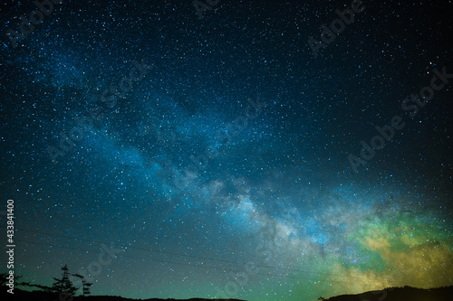 Night starry sky. Milky Way. Various shades of blue. Orange glow. Beautiful background. Texture. Wallpaper. Blank space for your signature. © Anton