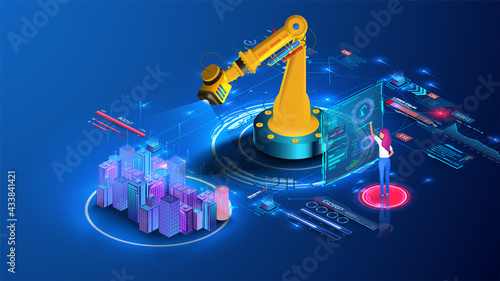 Engineer or architect looking at a city model, city projection, remote construction. Urban construction, planning, architecture. Futuristic megapolis isometric landing page design. Modern architecture