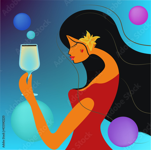 Portrait of a young girl with a glass of wine in a red dress. Silhouette of a spectacular brunette. The woman is drinking wine. Modern abstract gradient background with geometric shapes. Vector.