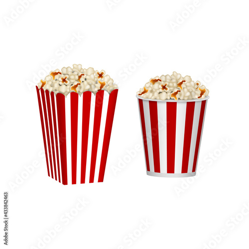 isolated cardboard containers of popcorn. Red and white striped popcorn buckets 