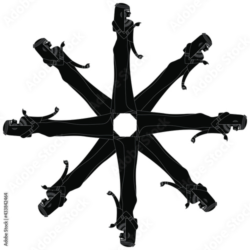 Round ethnic decor. Star with silhouettes on ancient Egyptian beautiful women. Black and white negative silhouette.