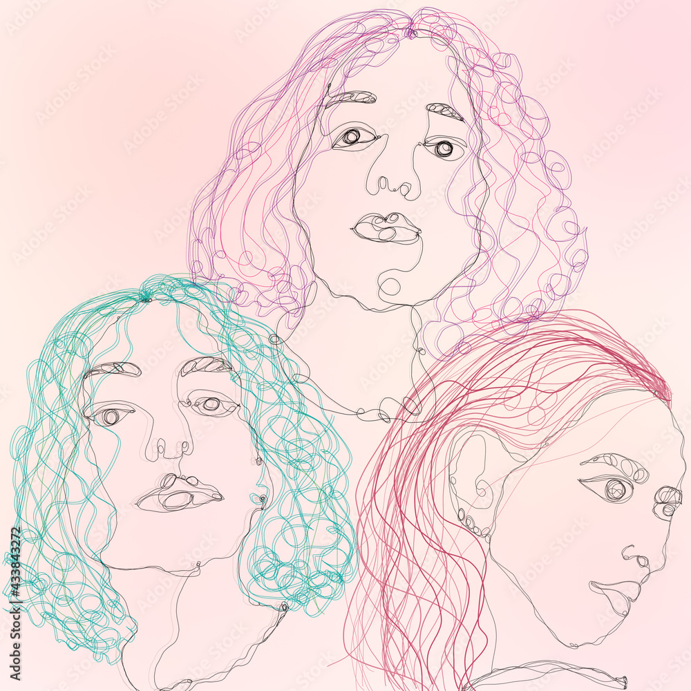 one line illustration, three women on pastel peach pink background, abstract art, modern contemporary digital minimalism