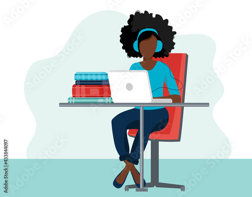 Home office concept, woman working from home, student or freelancer. Vector illustration in flat style