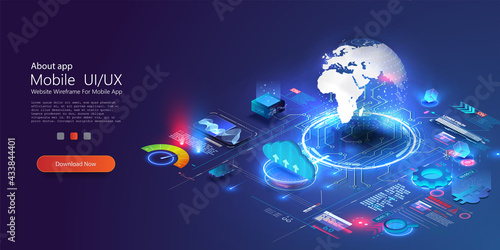 World wide web via wireless satellite network technology. digital connection at clouds services of all earth. Global network technology in isometric illustration. World internet connection.