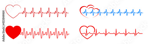 Set red heart, pulse one line, cardiogram sign, heartbeat - stock vector