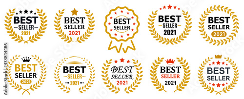 Set best seller icon design with laurel, best seller badge logo isolated - vector