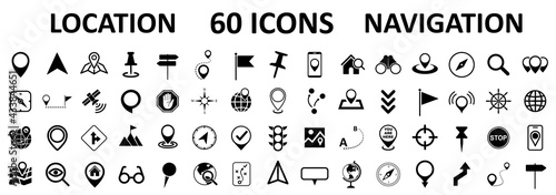 Location set icons, navigation signs, GPS location symbols, collection map pointer icons - stock vector