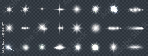 Set of bright beautiful stars. Optical lens glowing flashlight effect. Light effect, bright star, light flare. White sparkles shine light effect on transparent background