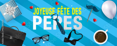 carte ou bandeau sur Joyeuse Fête des Pères en jaune et blanc  avec autour une cravate, lunette, noeud papillon, coeur , cadeau, ballon, cartable et une moustache sur un fond rayé bleu clair et foncé