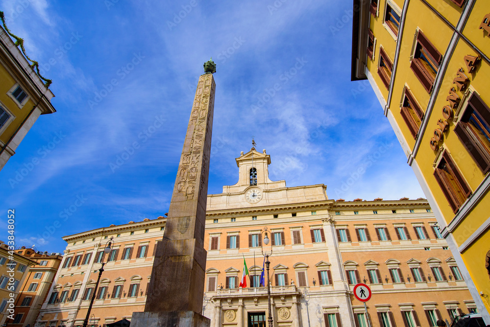 Obelisk of Montecitorio, an ancient Egyptian obelisk of Psamtik II from Heliopolis, in Rome, Italy
