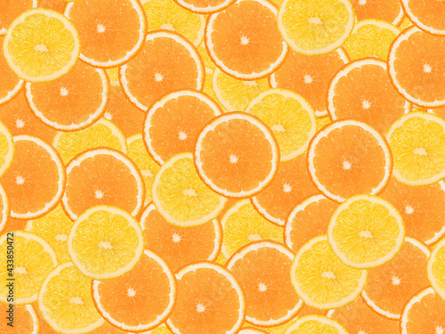Seamless pattern with orange slices, lemon slices. Top view, food concept, fruit background.