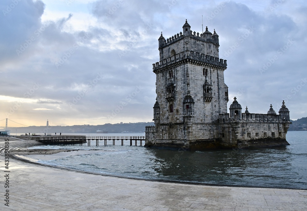 Old Ancient Belem Tower in Water in Belem Portugal