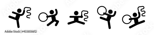 Rhythmic gymnastic dance with ribbon and rings icon set.