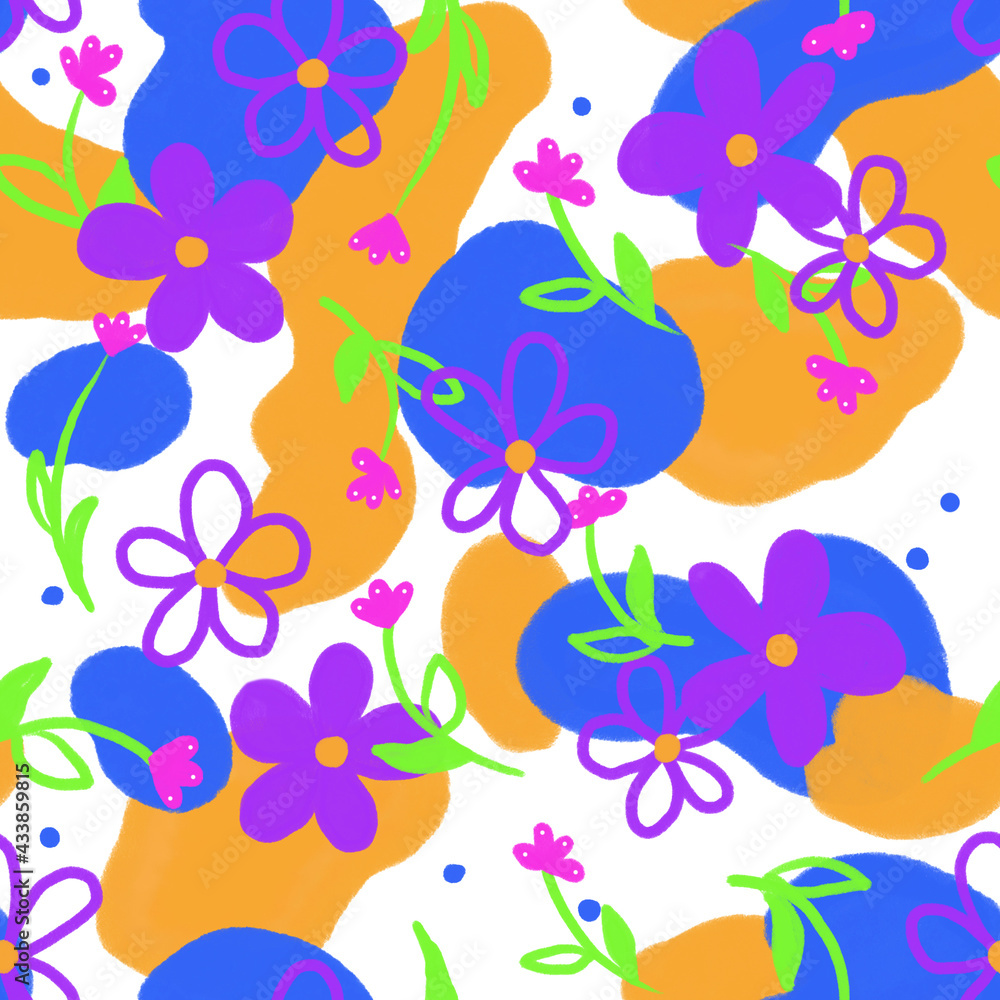 Groovy modern floral seamless repeat pattern illustration in blue, orange, green, purple, pink, flowers, stems, leaves, dots, and abstract shapes