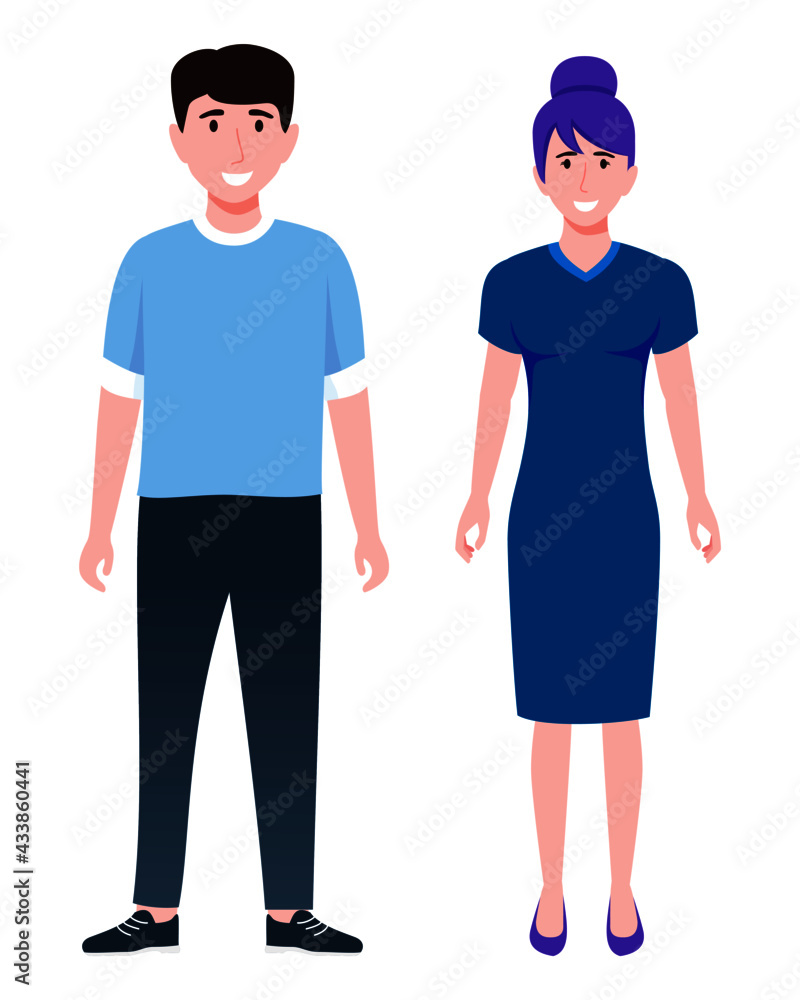 Obraz premium Young happy businessman and businesswoman character wearing beautiful outfit standing posing with distance