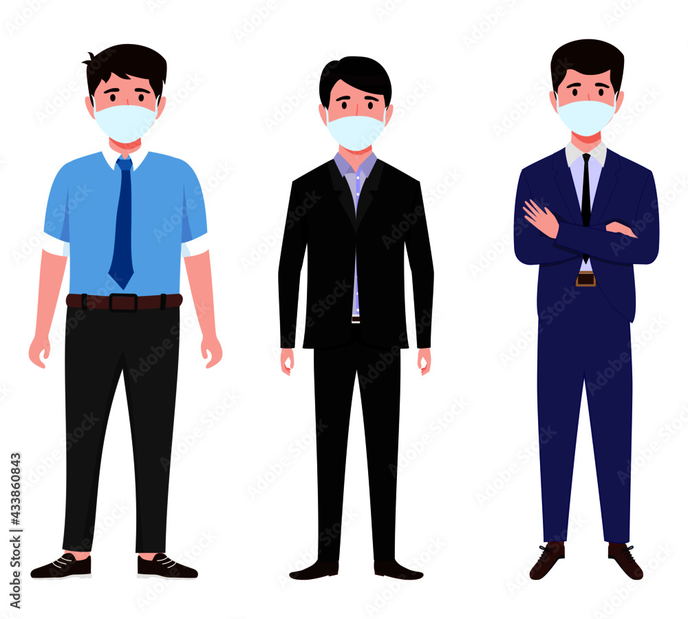 Young happy businessman characters team wearing beautiful colorful outfits and facial fabric mask standing isolated and posing Young happy businessman characters team wearing beautiful colorful outfits and facial fabric mask standing isolated and posing