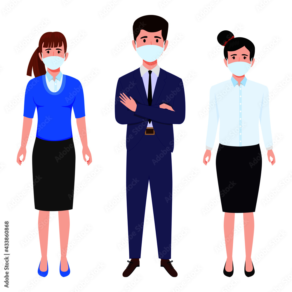 Young happy businessman and businesswoman character team wearing beautiful colorful outfits and facial mask standing isolated Young happy businessman and businesswoman character team wearing beautiful colorful outfits and facial mask standing isolated