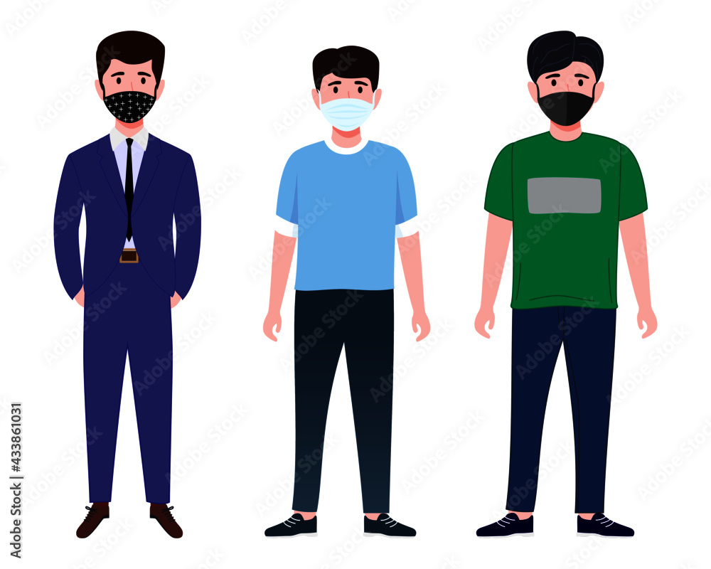 Young happy businessman characters team wearing beautiful colorful outfits and facial fabric mask standing isolated and waving