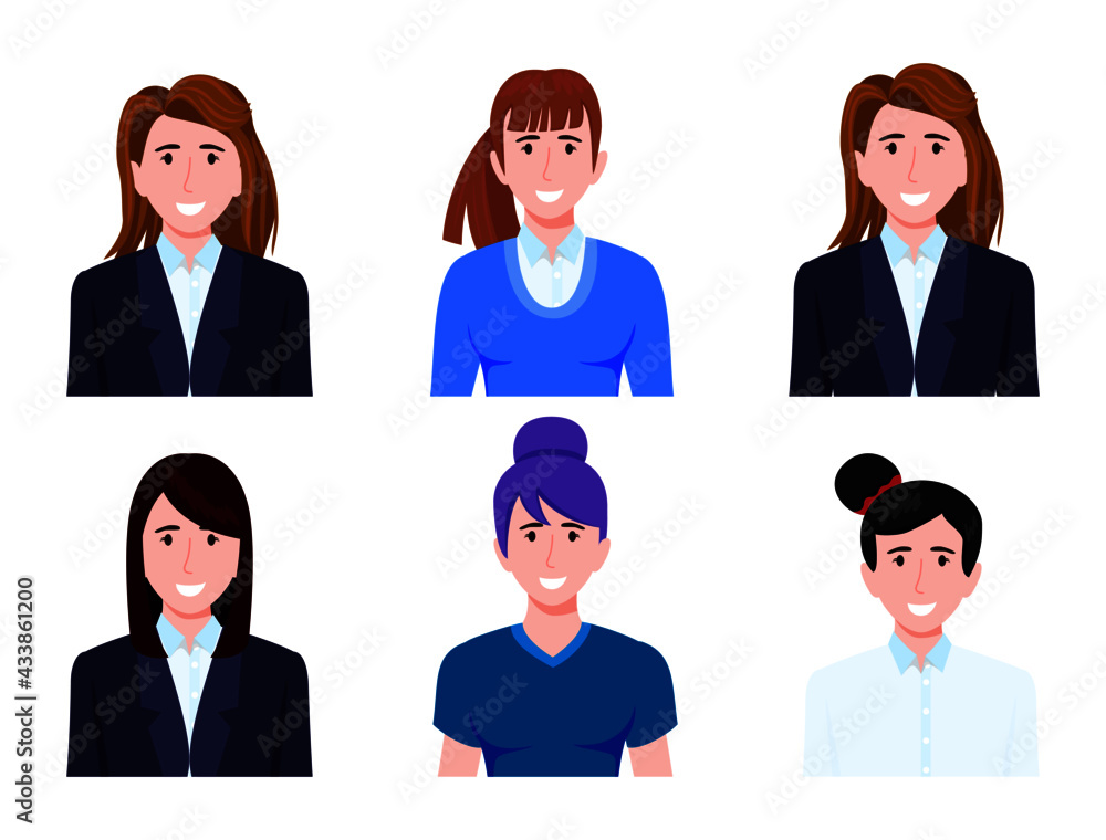 Young happy businesswoman characters avatar wearing beautiful outfit with cheerful expressions Young happy businesswoman characters avatar wearing beautiful outfit with cheerful expressions