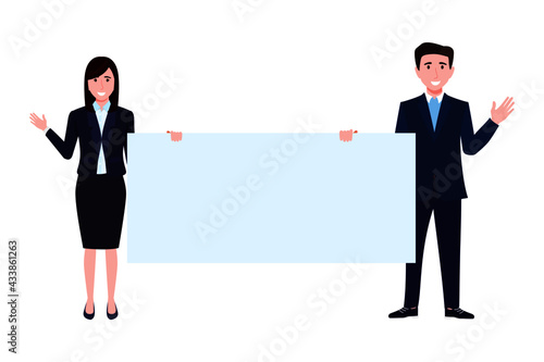 Young happy businessman and businesswoman character team wearing beautiful colorful outfits and facial mask standing and holding blank placard isolated