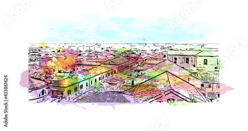 Building view with landmark of Ferrara is a city in Italy. Watercolor splash with hand drawn sketch illustration in vector.