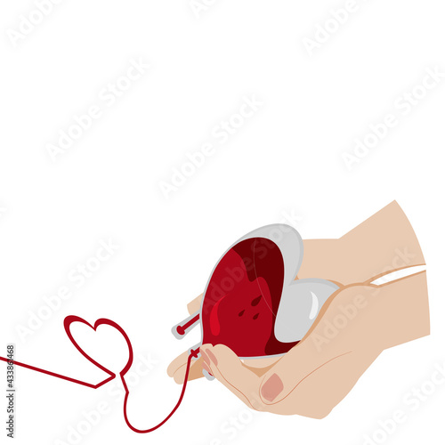 Vector isolate flat design concept for Donate blood or life saving by Hands holding Blood  Bag and heart on white background for 14th June World blood donor day. Give blood poster, card or banner.