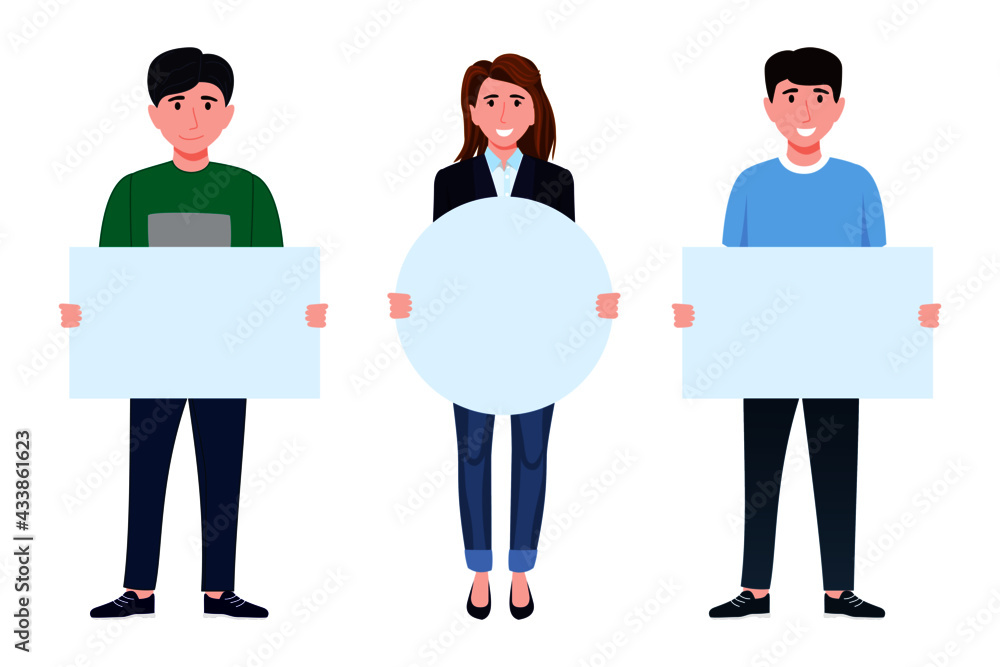 Young happy cute businessman and businesswoman characters standing and holding different shape blank placard and waving Young happy cute businessman and businesswoman characters standing and holding different shape blank placard and waving