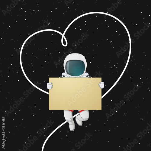 Astronaut floating and holding a sign with his tether outlining the shape of a heart. Space with stars in the background. Romantic Valentine day vector poster, card.