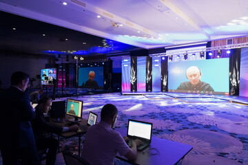Live internet streaming of business conference meeting,online webinar or seminar via social network broadcast in new normal, covid outbreak,elearning.