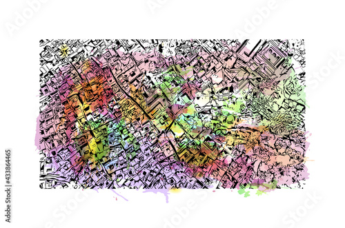 Building view with landmark of Fes is the 
city in Morocco. Watercolor splash with hand drawn sketch illustration in vector.