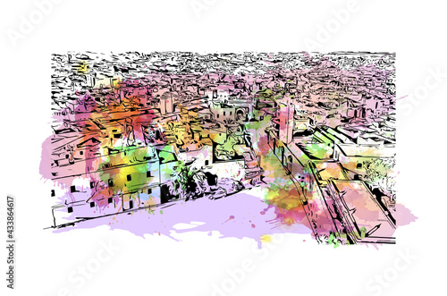 Building view with landmark of Fes is the 
city in Morocco. Watercolor splash with hand drawn sketch illustration in vector.