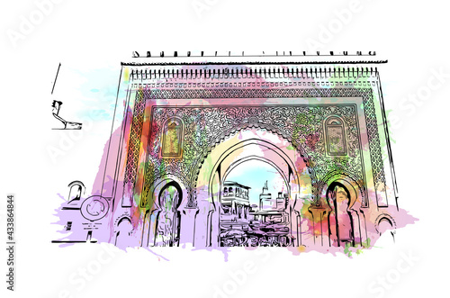 Building view with landmark of Fes is the 
city in Morocco. Watercolor splash with hand drawn sketch illustration in vector.