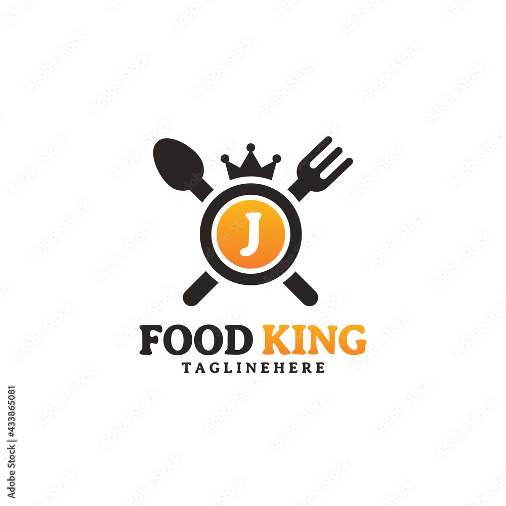 Initial letter J King food Logo Design Template. Illustration vector graphic. Design concept fork,spoon and crown With letter symbol. Perfect for  cafe, restaurant, cooking business