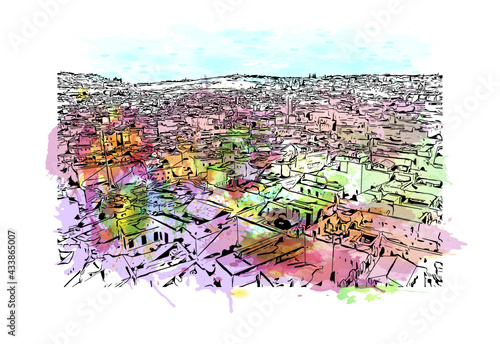 Building view with landmark of Fes is the 
city in Morocco. Watercolor splash with hand drawn sketch illustration in vector.