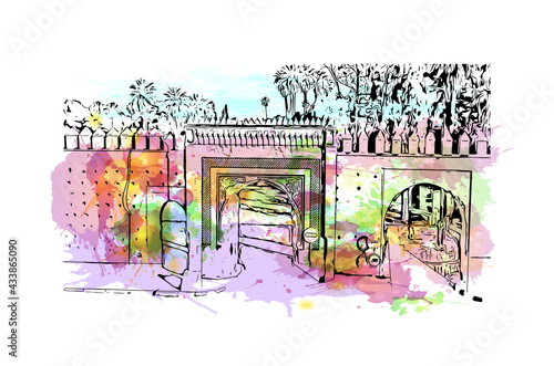 Building view with landmark of Fes is the 
city in Morocco. Watercolor splash with hand drawn sketch illustration in vector.