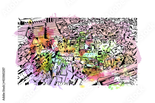 Building view with landmark of Fes is the 
city in Morocco. Watercolor splash with hand drawn sketch illustration in vector.