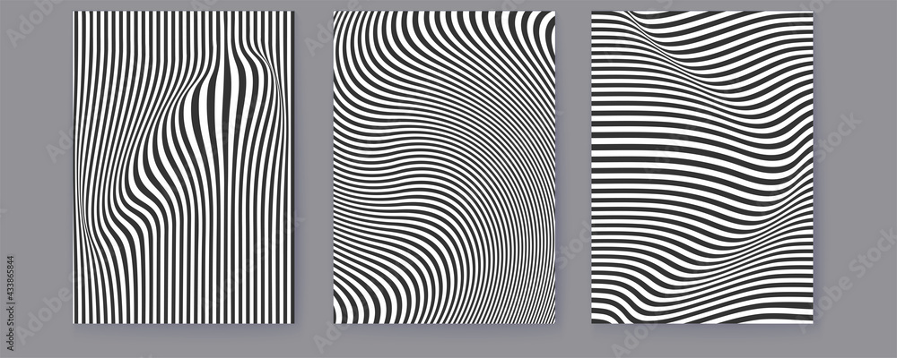 Set of covers with wavy lines. Abstract minimalistic patterns on posters. Black and white pattern. Vector 3d illustration