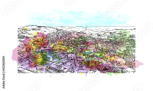 Building view with landmark of Fianarantsoa is a city in south central Madagascar. Watercolor splash with hand drawn sketch illustration in vector. photo