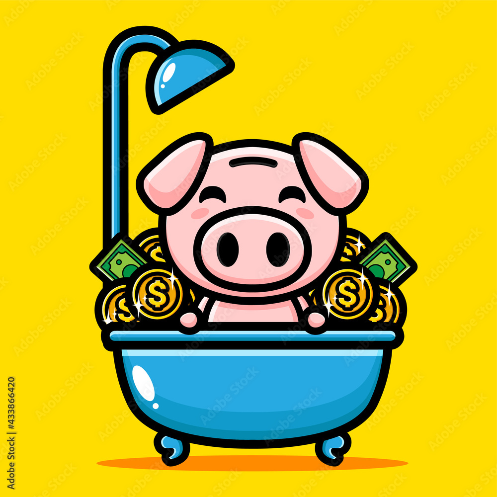 vector design of cute cartoon pig animal showering money in the bath vector design of cute cartoon pig animal showering money in the bath