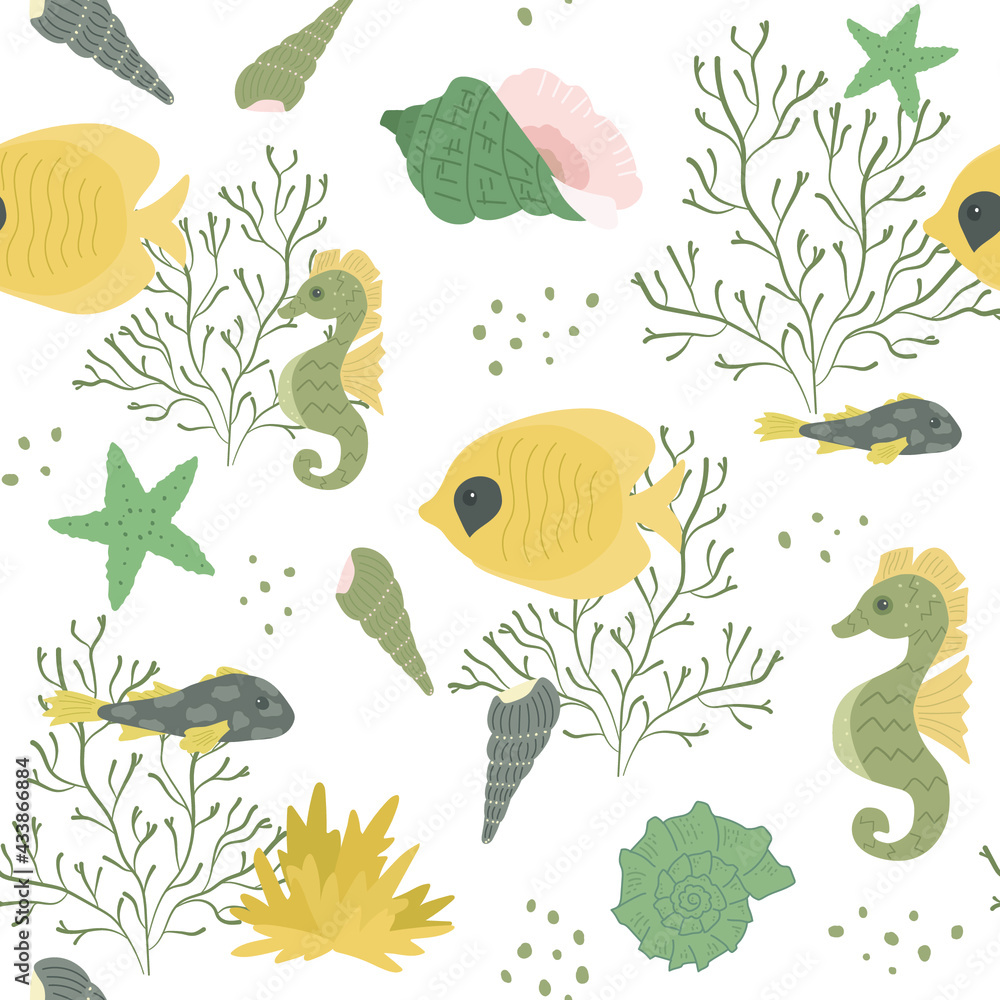 Fototapeta premium Seamless childish pattern with sea life – fish, seaweeds, seahorse, starfish, shells, Seahorse. Perfect for kids fabric, textile, nursery wallpaper.