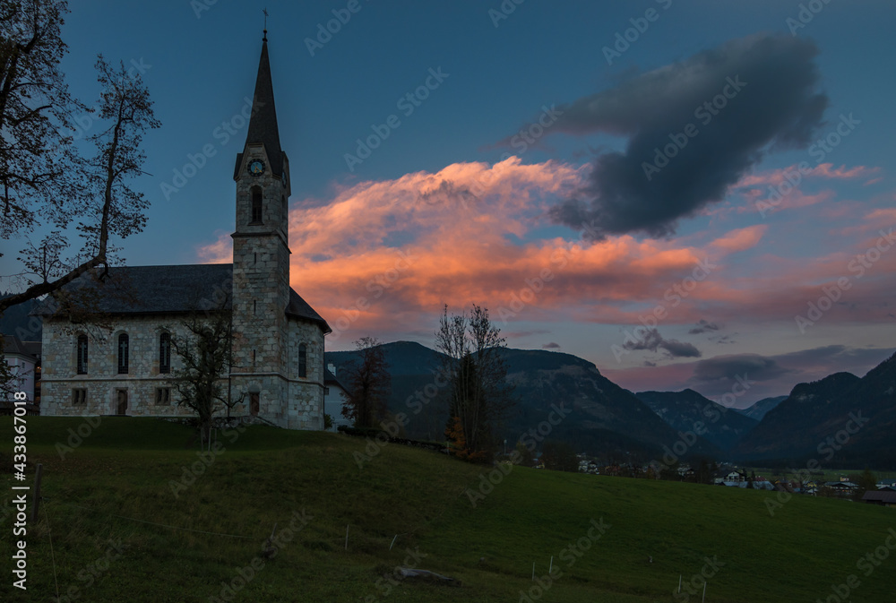 Fototapeta premium Beautiful view of Gosau village by the sunset - Gosau, Austria