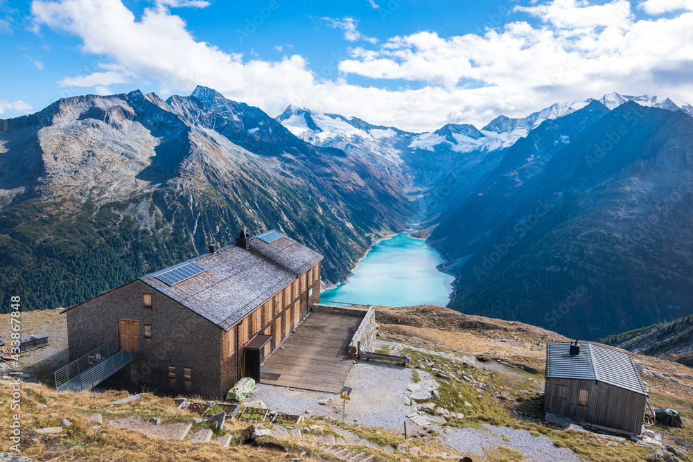 Beautiful view of a cabin at Schlegeis Stausee - Zillertal, Austria Beautiful view of a cabin at Schlegeis Stausee - Zillertal, Austria