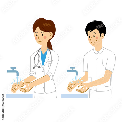 手洗いをする女医と看護師