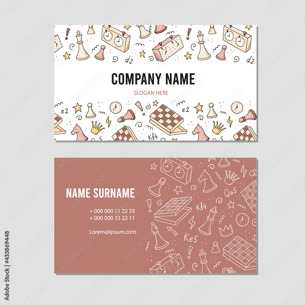 Visit card with cartoon chess game elements. Doodle sketch style. Illustration for chess club, tournaments, chess course business card design template. Visit card with cartoon chess game elements. Doodle sketch style. Illustration for chess club, tournaments, chess course business card design template.
