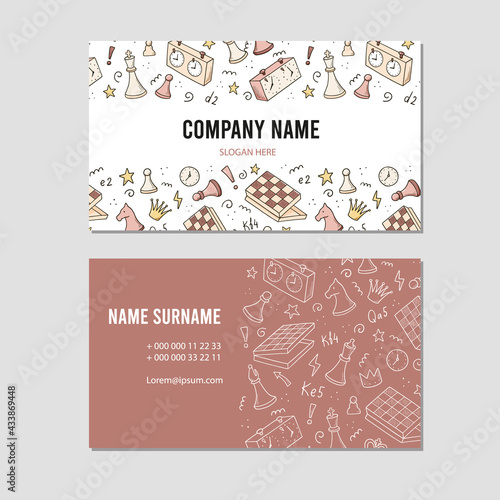 Visit card with cartoon chess game elements. Doodle sketch style. Illustration for chess club, tournaments, chess course business card design template.