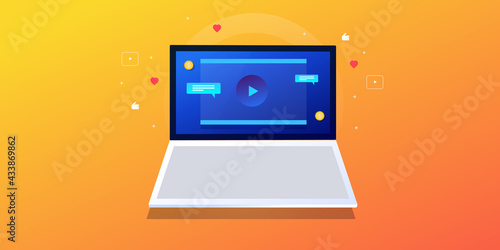 Making money from video streaming on social media, video content monetization, vlogging advertising, income from video marketing. Web banner vector illustration.